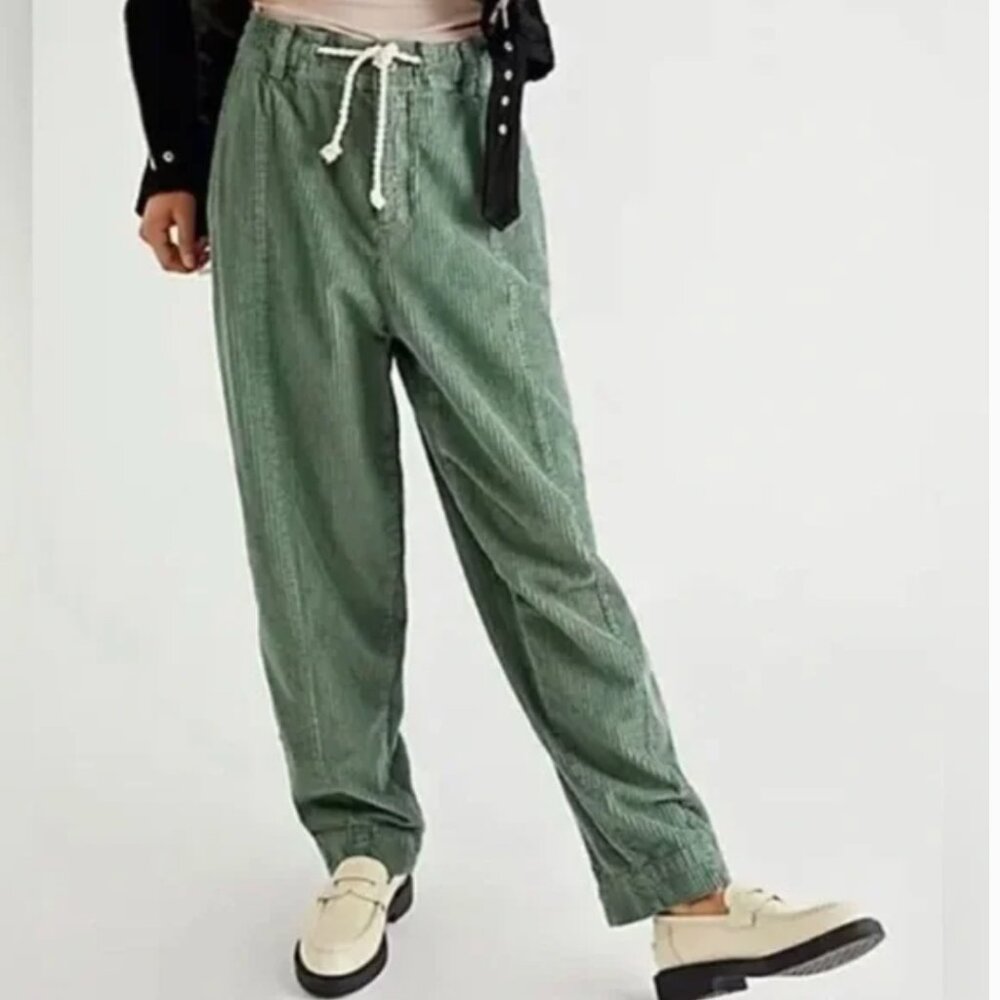 Free People Olive Green Corduroy Drawstring Trousers